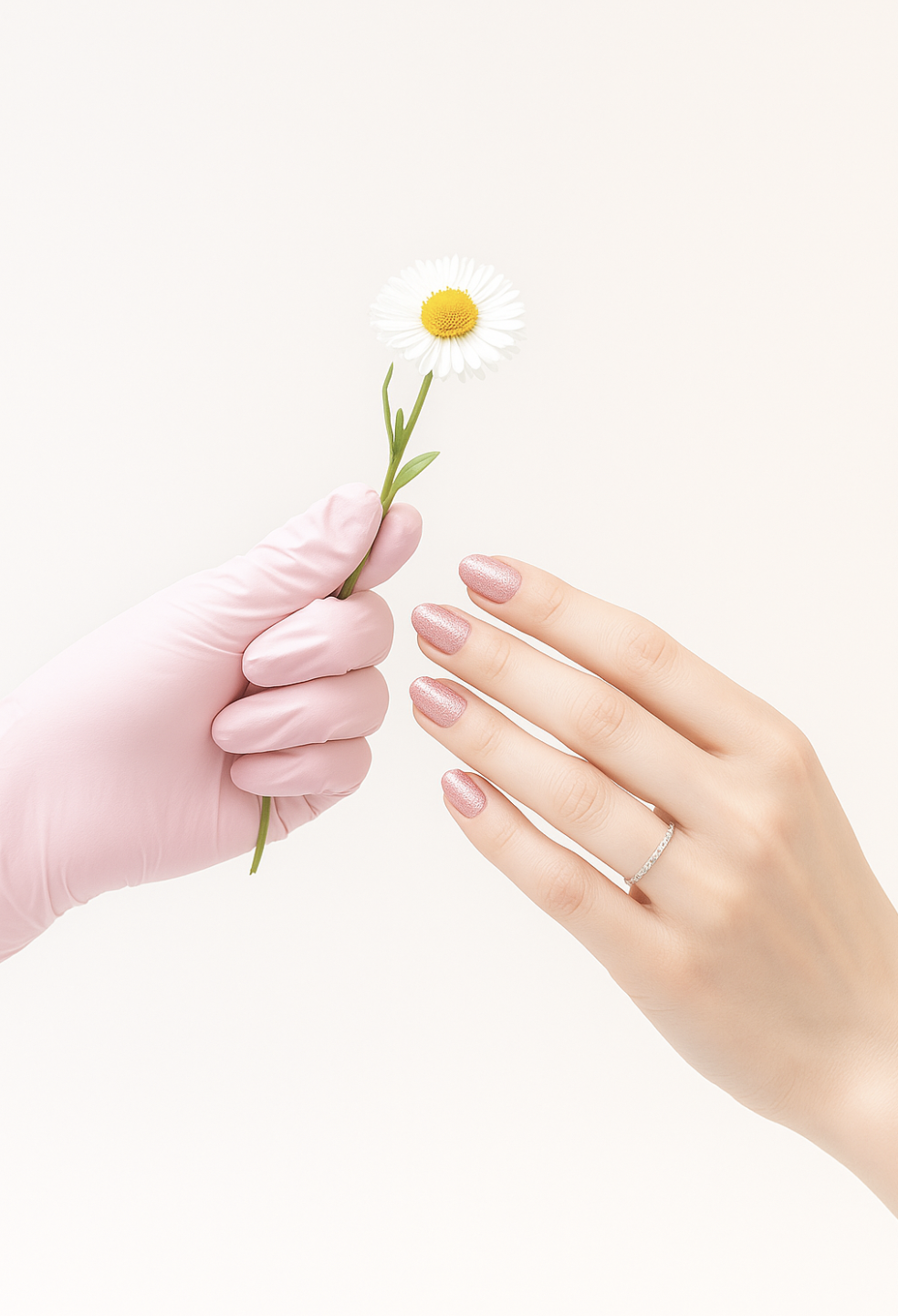 Two hands reaching toward each other, one holding a white daisy flower, representing clean conscious beauty and care