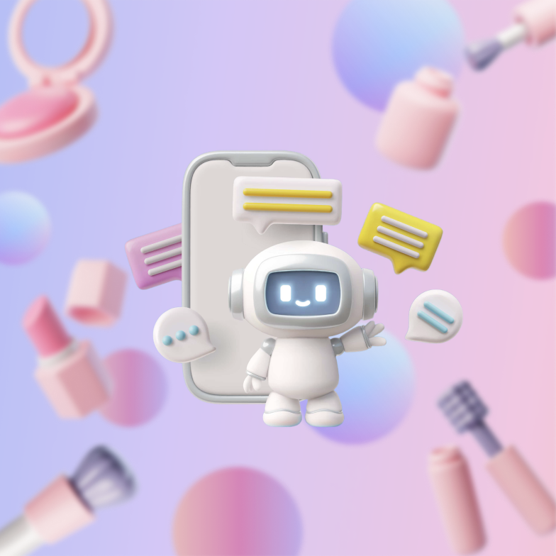 Cute white robot character with happy face surrounded by colorful chat bubbles and beauty-related items on pastel background