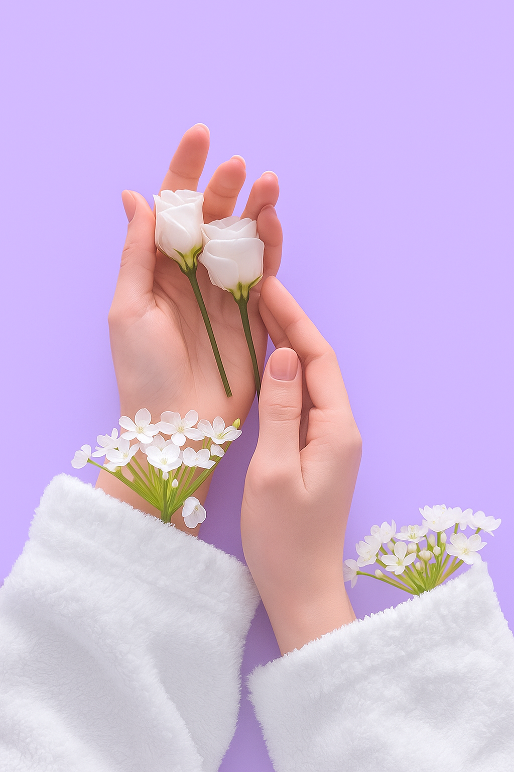 Gentle hands holding white roses and delicate flowers against a soft purple background, representing natural beauty and care