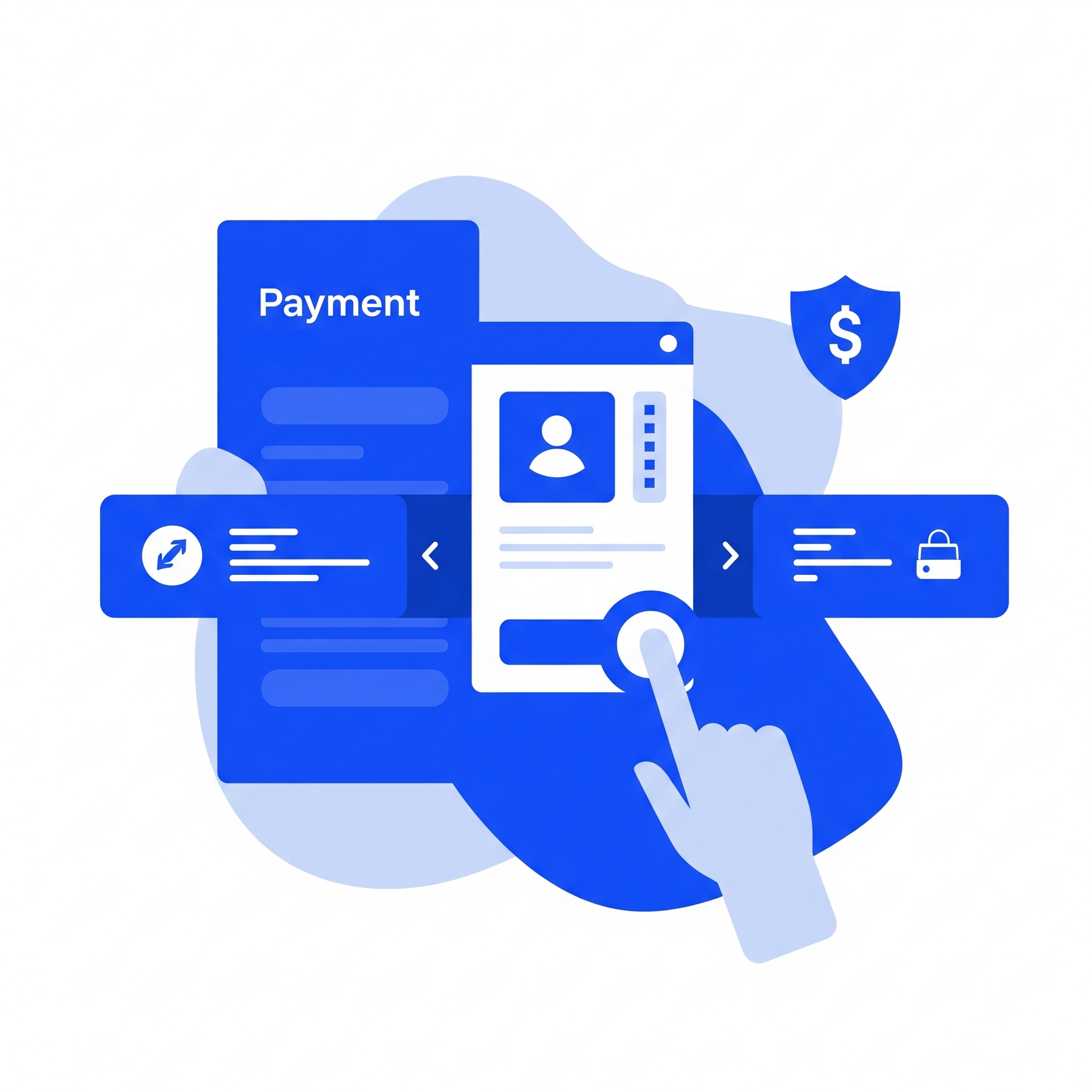 Modern payment interface showing secure digital payment system with user profile, payment forms, and security features